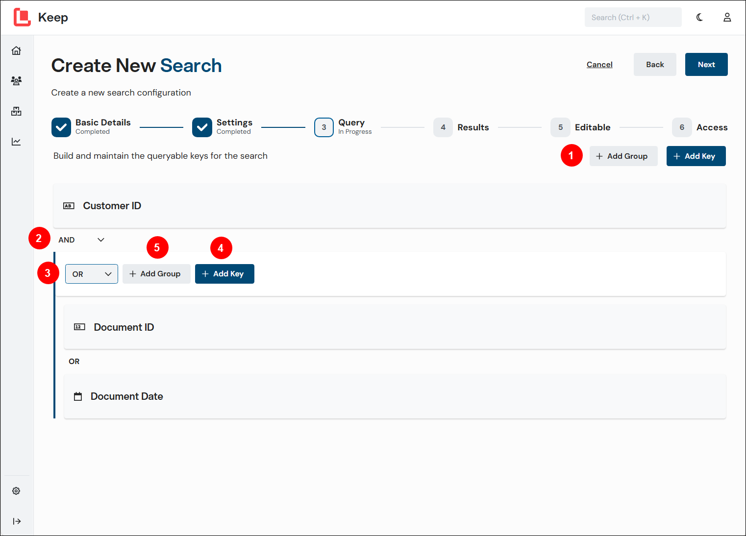 A number annotated screenshot of a group on the Query page that supports instructions on how to add a group to the search criteria.